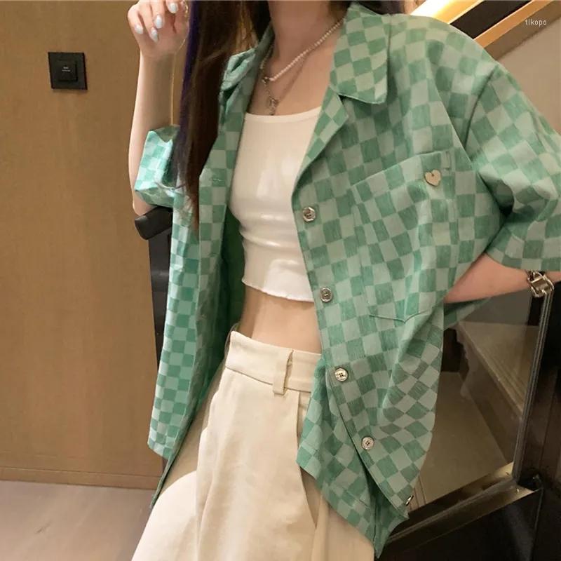 

Women' Blouses Plaid Women' Summer Tee Shirt Aesthetic Green Short Sleeve Loose Casual 2023 Chic Blouse Korean Fashion