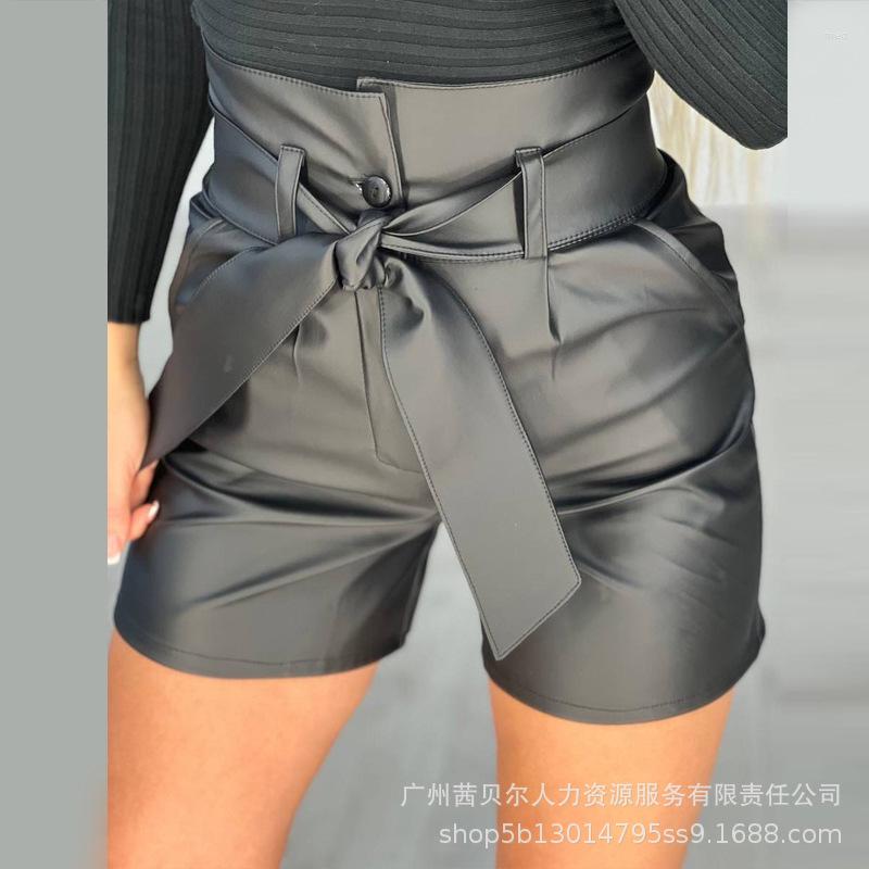 

Women' Shorts PU Leather High Waist With Belt Women Black Pockets Sashes Pants Sexy