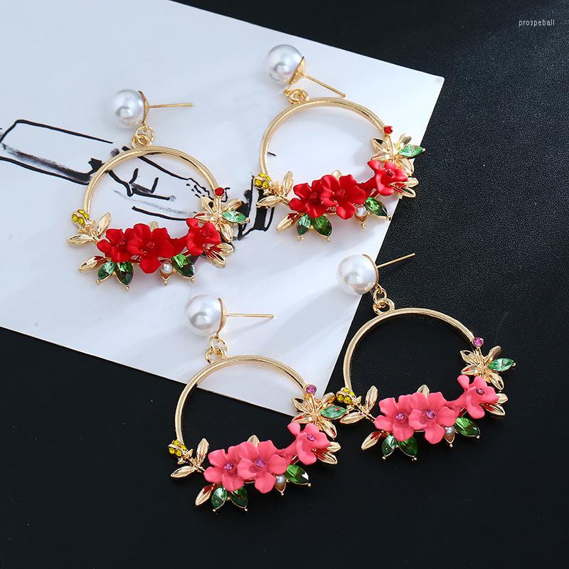 

Dangle Earrings Sweet Pink Red Flowers Pendant Big Hoop Earring For Women Girls Fashion Pearl Stud Drop Ornaments Pendientes Mujer