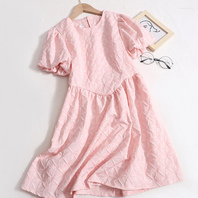 

Party Dresses Korean Retro Print Dress 2023 Summer Fashion O-Neck Puff Sleeve Slim Ladies Sweet High Waist A-Line Sundress, Pink