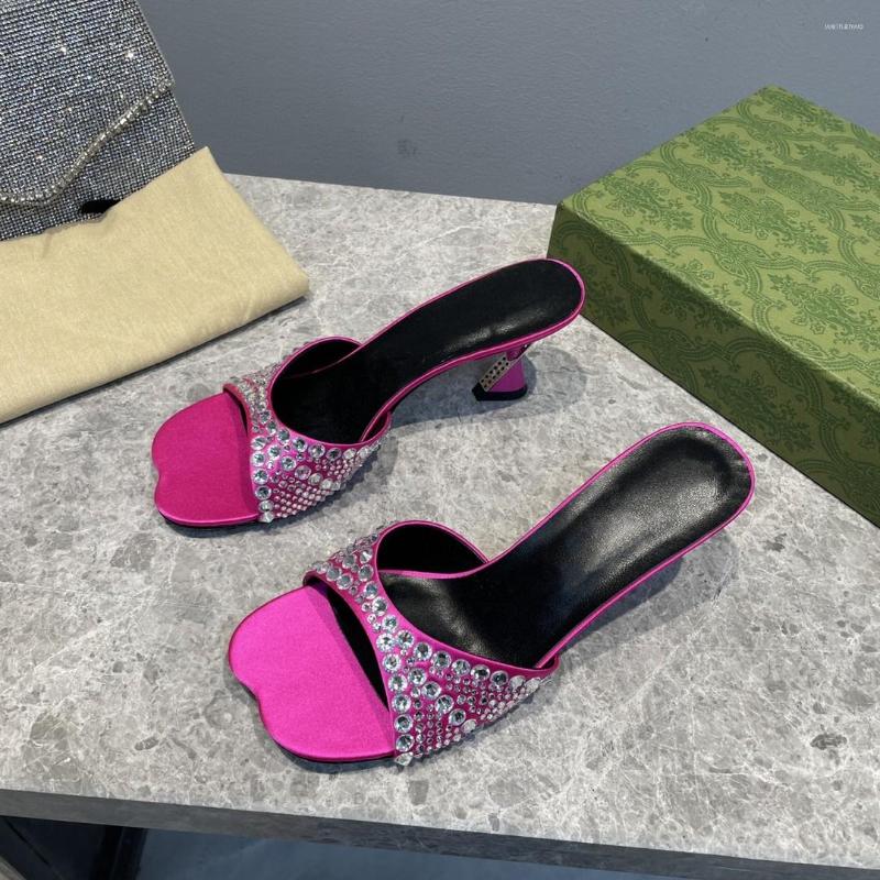 

Slippers Summer Shoes Women Silk High Heels Crystal Bling Slides Open-Toes Designer Bordered Casual Sandals Zapatillas, As pic high 6.5cm
