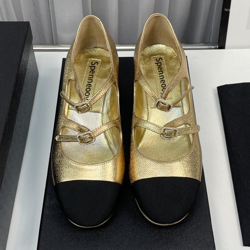 

Dress Shoes Spenneooy Summer Fashion Designer Women Mixed Colors Patchwork Shallow Mouth Round Heel Party Double Buckle Strap, Black