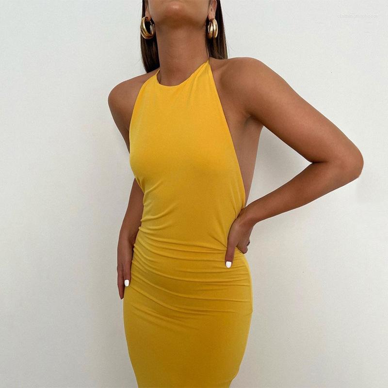 

Casual Dresses Elegant Fashion Dress Halter Sexy Backless Draped Maxi Women 2023 Summer Woman Party Long Straps Pleated Clothes, Green