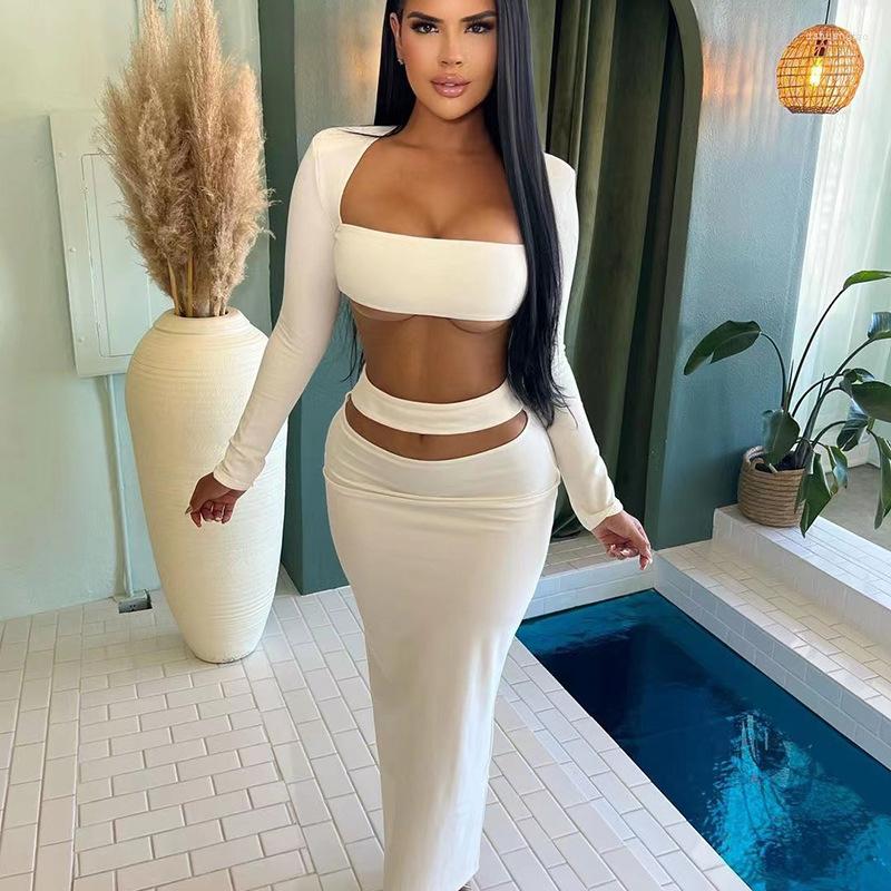 

Women' Swimwear Beach Dress Ladies 2023 For Summer Wear Cover Up Party Brought Long Sleeve T Shirt Hollow Out Split Skirt Suit Solid, White