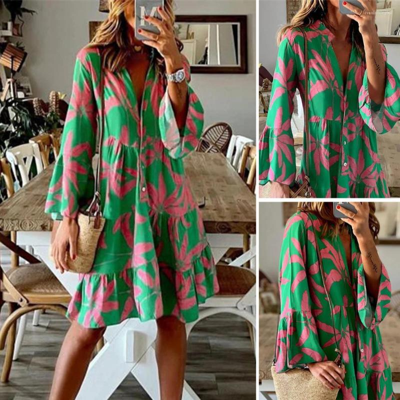 

Casual Dresses Women Summer Dress A Line Skirt Trumpet Sleeve Long Sleeves Printing Dress-up Contrast Color Loose Midi Female Clothes, Green