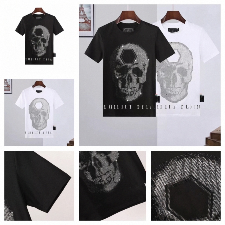 

men's Summer Breathable T-shirt Skull Letter Logo Hot Rhinestone Round Neck Comfortable Top J8IE#, White