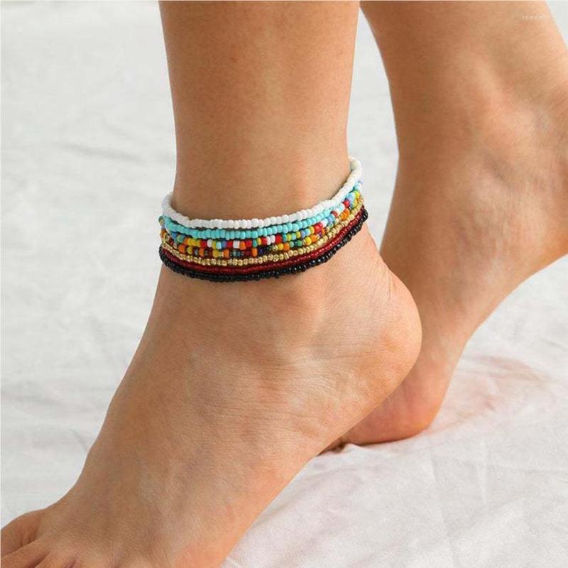 

Anklets 7 Pieces Boho Beads Multilayered Colorful Women Ankle Bracelets Elastic Foot Hand Chain Jewelry Decoration