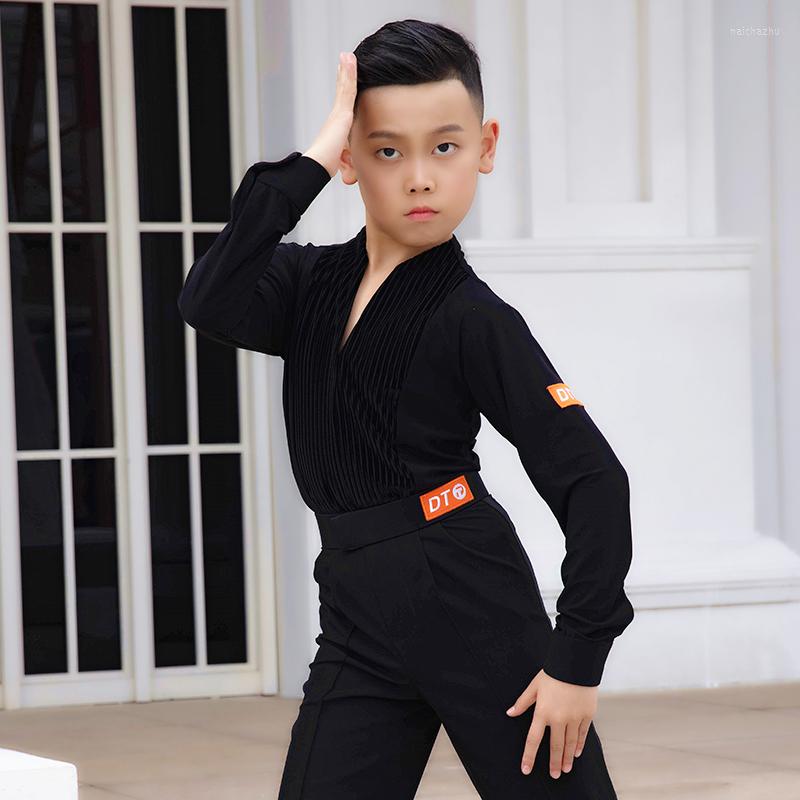 

Stage Wear Latin Dance Tops For Boys Black Tap Salsa Outfits Long Sleeve Performance Costume Ballroom Practice JL2184, Only shirt