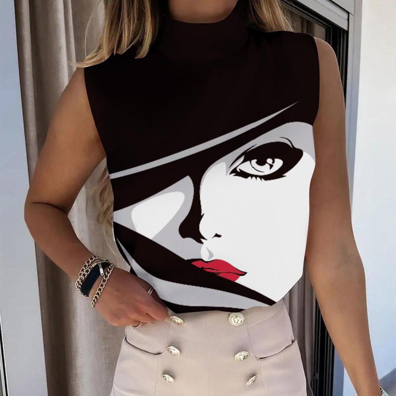 

Women' Tanks Abstract Printing Classic Sleeveless Sexy Neck Turtleneck Womans Top Streetwear Ladies Vest Fashion Tank Women' Summer, Black