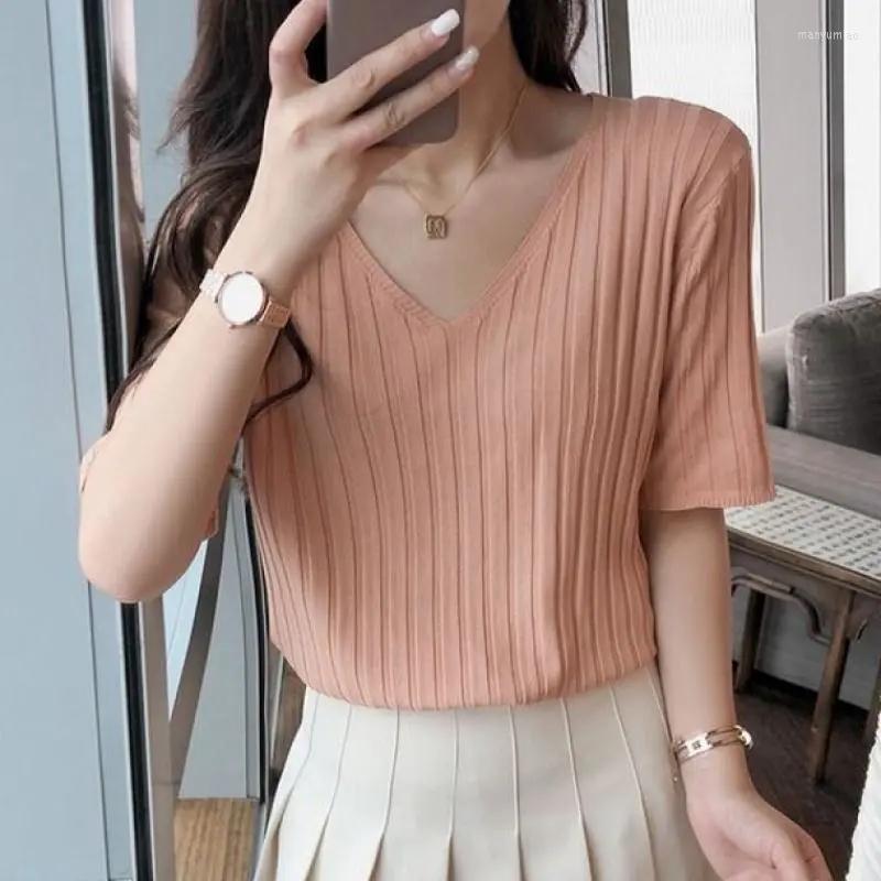 

Women's T Shirts Ribbed Women's T-Shirts Summer Knitting Loose Elegant V-Neck Blouses Striped Short Sleeve Aesthetic Clothes Korean, Green