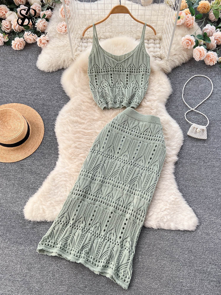 

Two Piece Dress SINGREINY Bohemian Vacation Beach Knitted Sets Women Camis Short TopsSheath Long Skirts Hollow Out Summer Pieces Suits 230509, White