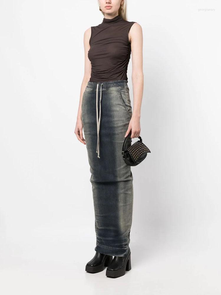 

Skirts Y2k Summer Gradient Color Open Denim Midi Dresses2023korean Fashion Straight Drawstring Elastic Waist Wrap Hip For Women, Blue