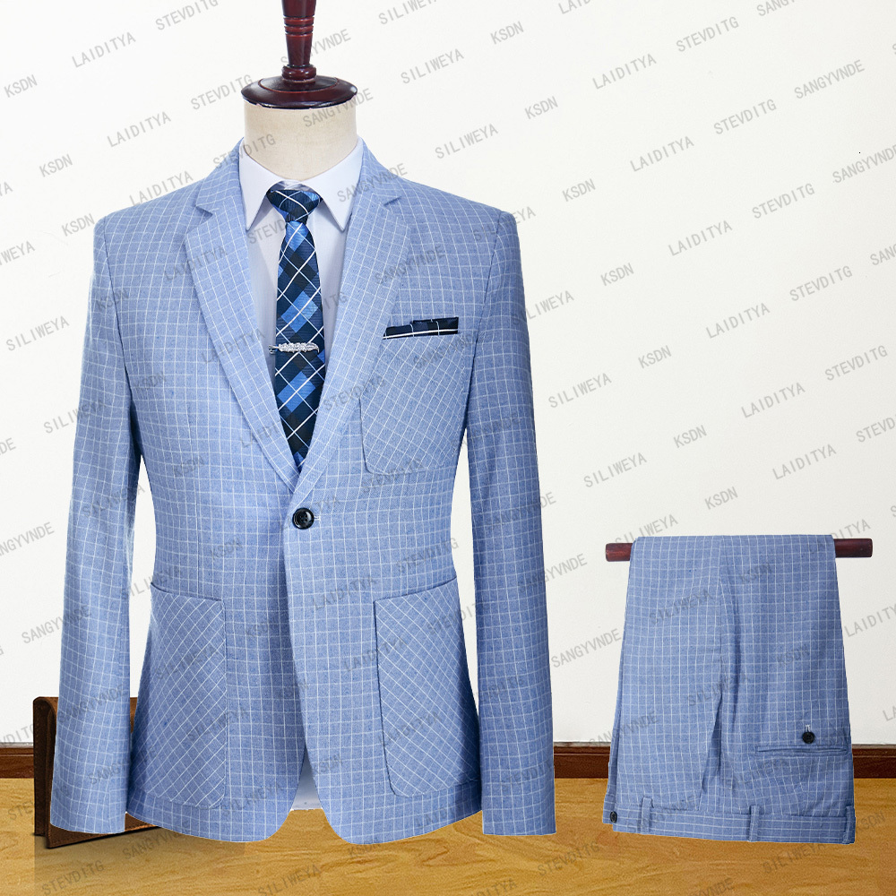

Men's Suits Blazers Men Suit Tuxedo Summer Slim Fit Groom Blue White Reto Classic Plaid Linen Wedding Terno Masuclino 2 Pcs SetJacketPants 230509, Wm-349-2