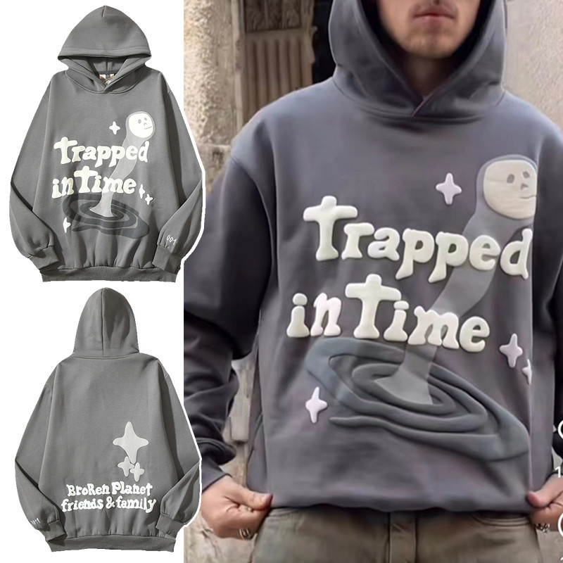 

Puff Sweatshirts Hoodies Men High Street Foam Trapped In Time Print Pullover Hoode Big Size Pullovers, Gray