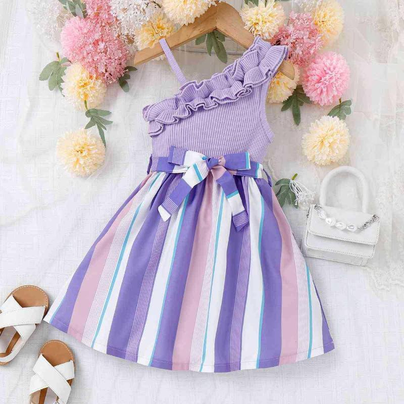 

Girl Dresses Sloping Shoulder Patchwork Slip Strap For Girls Toddler Summer Fashion Cute Lovely Party Dress Baby Kids, Purple