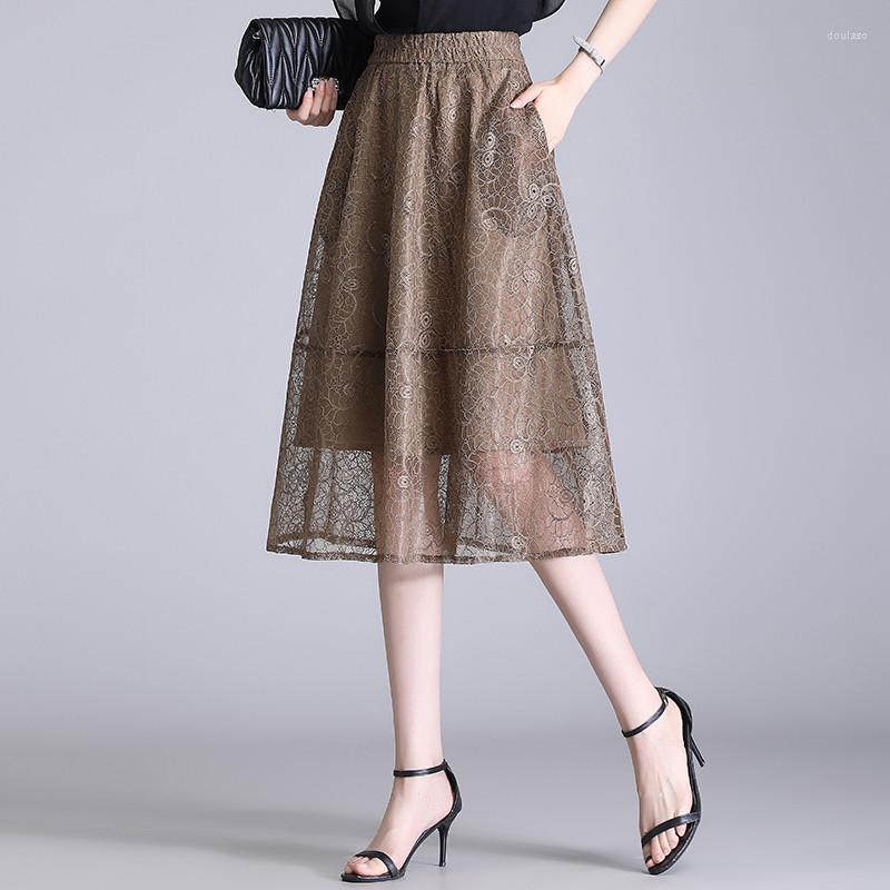 

Skirts High Waisted Lace Skirt For Women Summer Thin A-line Style Slim And Versatile Hollowed Out Fluffy Mid Length Umbrella SkirtM, Khaki
