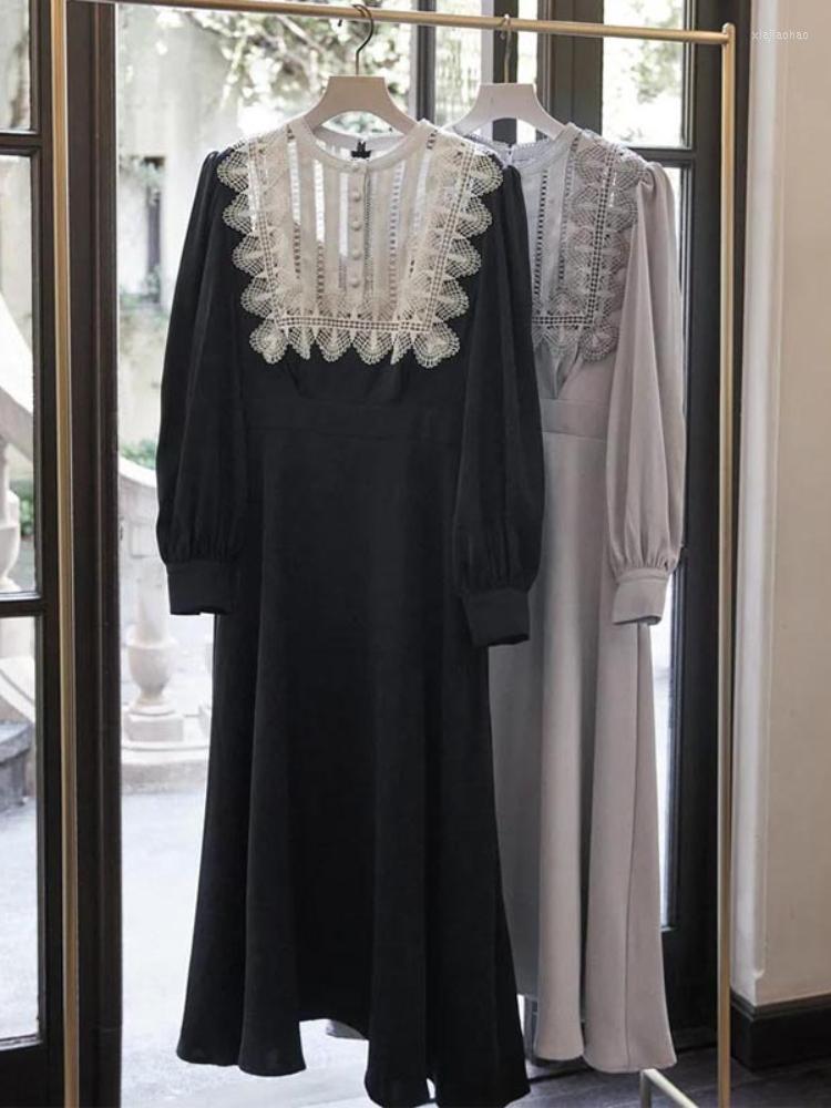 

Casual Dresses Japanese Stand Collar High Wasit Long Sleeve Robes Vintage Lace Patchwork Dress For Women Autumn Winter 2023 Elegant Vestidos, Black