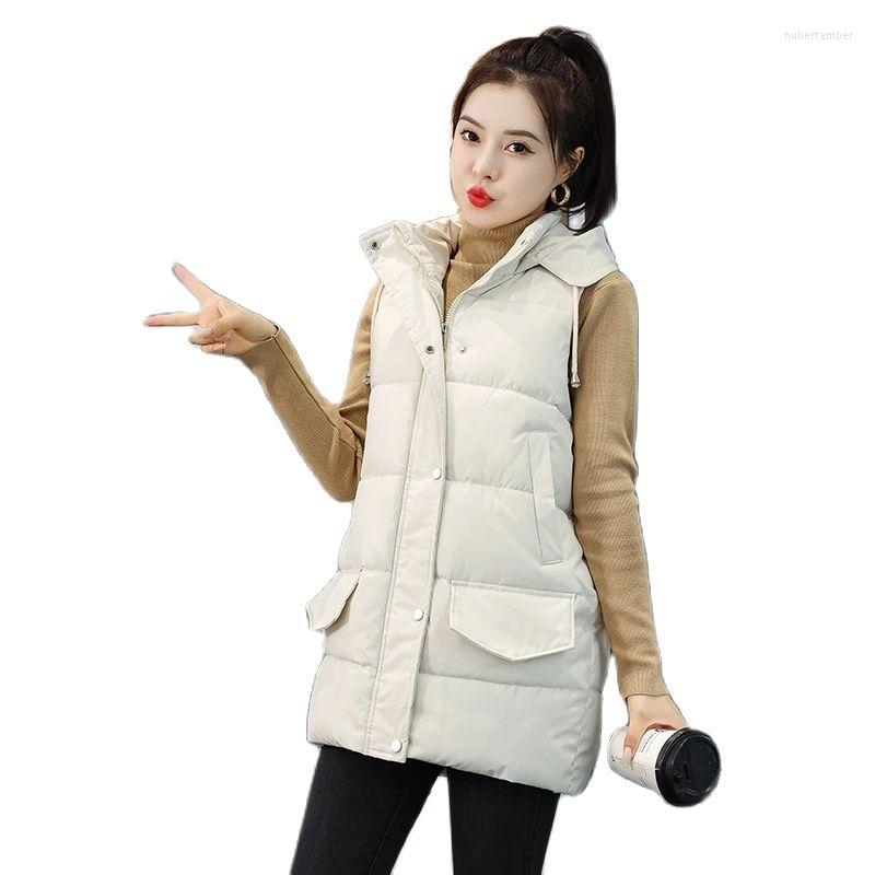 

Women's Vests 2023 Autumn Winter Hooded Down Cotton Women Casual All-Match Sleeveless Solid Jacket Female Loose Warm Waistcoat Tops Lady, Black