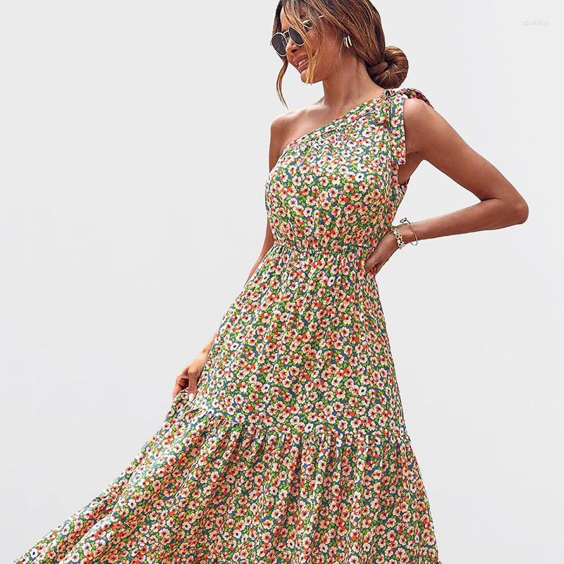 

Casual Dresses Summer Long Dress Women's Bohemian Floral Sexy Backless Slanted Shoulder Yellow Sun Beach Holiday Big Swing, Grey