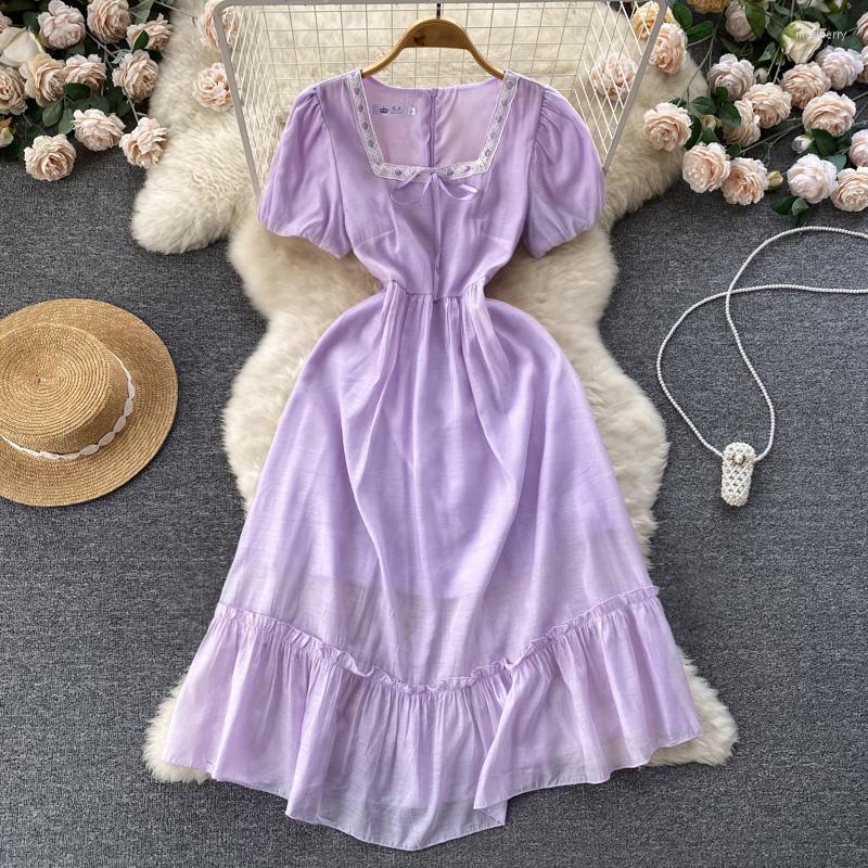 

Party Dresses Summer French Vintage Court Style Lace V-neck Short Sleeve Waist Ruffle Pleated Dress, Purple