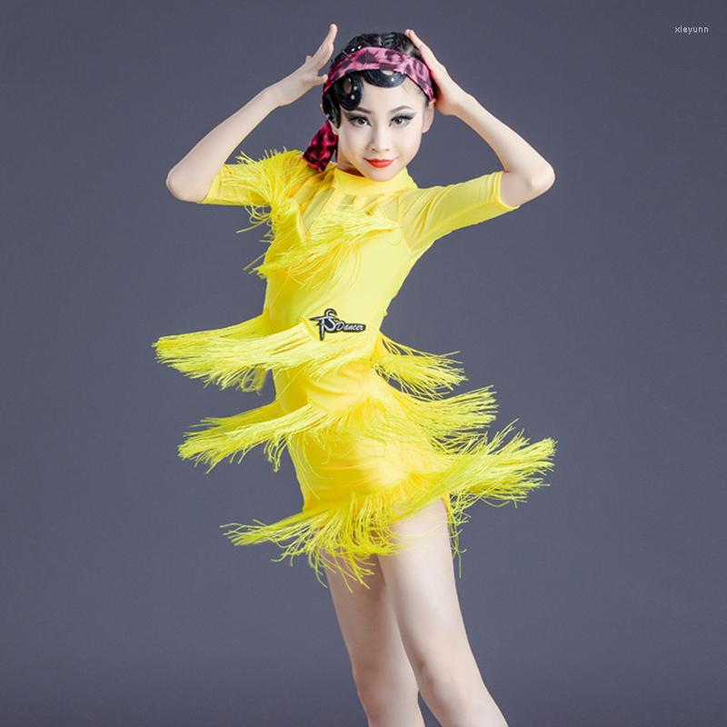 

Stage Wear Yellow Latin Dance Dress Girls Fringed Kids Salsa Chacha Samba Tango Ballroom Competition Clothes SL4671, Picture shown