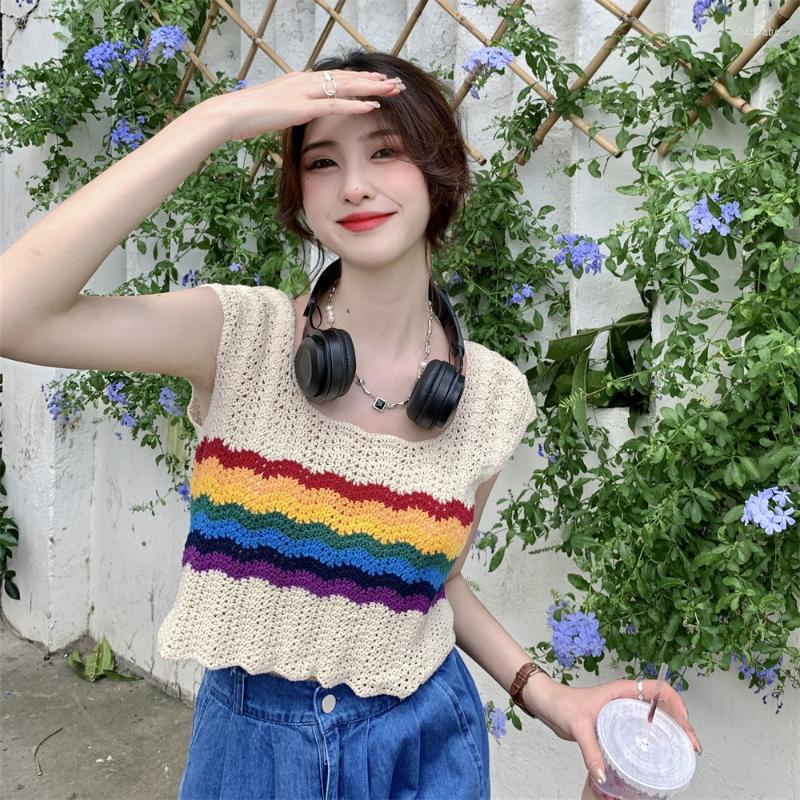 

Women's Tanks Rainbow Stripe Sleeveless Tank Women Summer Hollow Out Square Neck Shows Unique Sweet Spicy Design Knitted T Shirt Female Top, Apricot