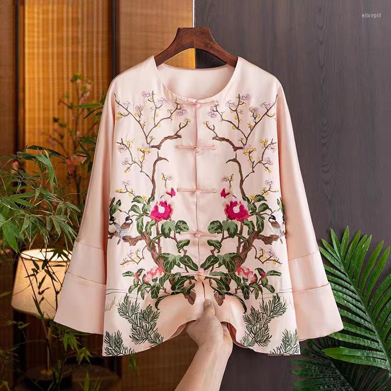 

Women' Jackets High-End Acetate Satin Jacket Women' Spring Chinese Style Exquisite Embroidery O-Neck Single Breasted Lady Top -XL, Black