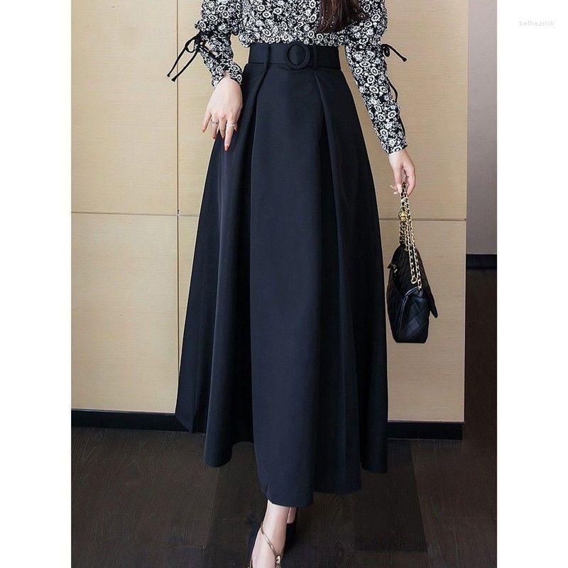 

Skirts Black Halfskin Skirt Ankle Swing 2023 Spring And Autumn Hepburn Style High Waist Umbrella A-line Long