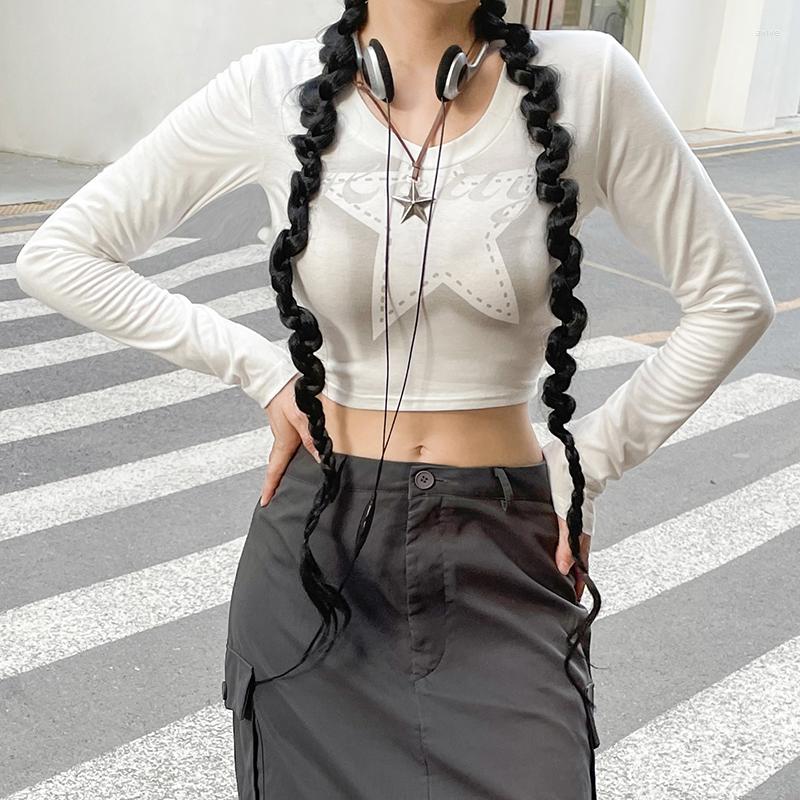 

Women' T Shirts Autumn Y2k Top Streetwear Long Sleeve Cropped Grunge Clothes Vintage Stars Printing T-shirt Aesthetic Korean Style Chic, White