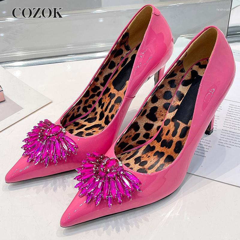 

Dress Shoes Spring Sexy Women's Heels Patent Heather Material Pointy Toe Rhinestone Decor Leopord Design Fashion Style Lady Single, As show