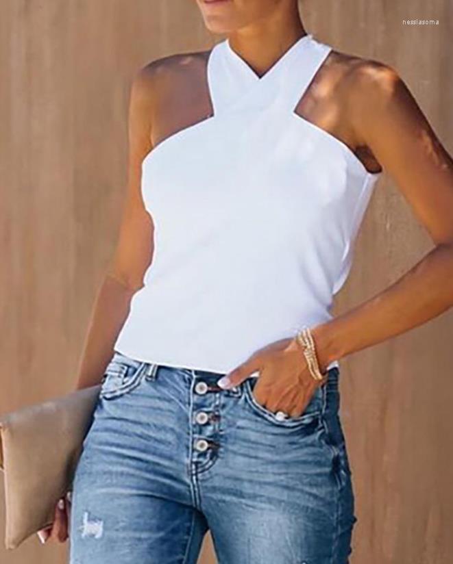 

Women' Tanks Fashion 2023 Spring And Summer Selling Casual Sexy Women' Top Cross Strap Details Backless