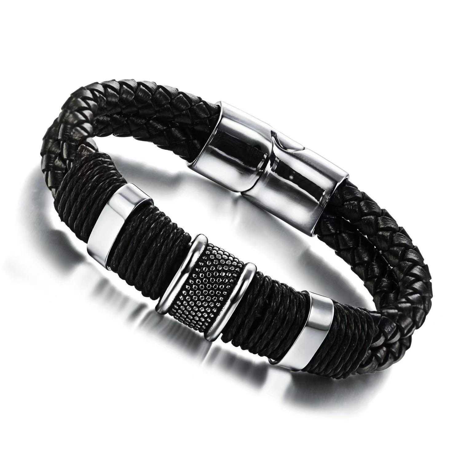 

Mens Weaving Exquisite Titanium Steel Leather Bracelet Couple Double Layer Stainless Magnetic Buckle