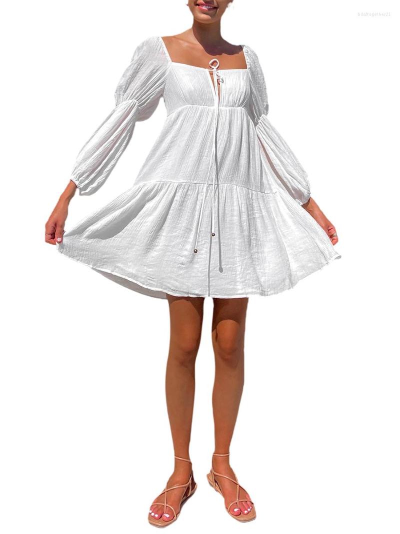 

Casual Dresses Women Off Shoulder Backless Dress Long Sleeve Boat Neck Solid Color Drawstring Party Spring Summer, White