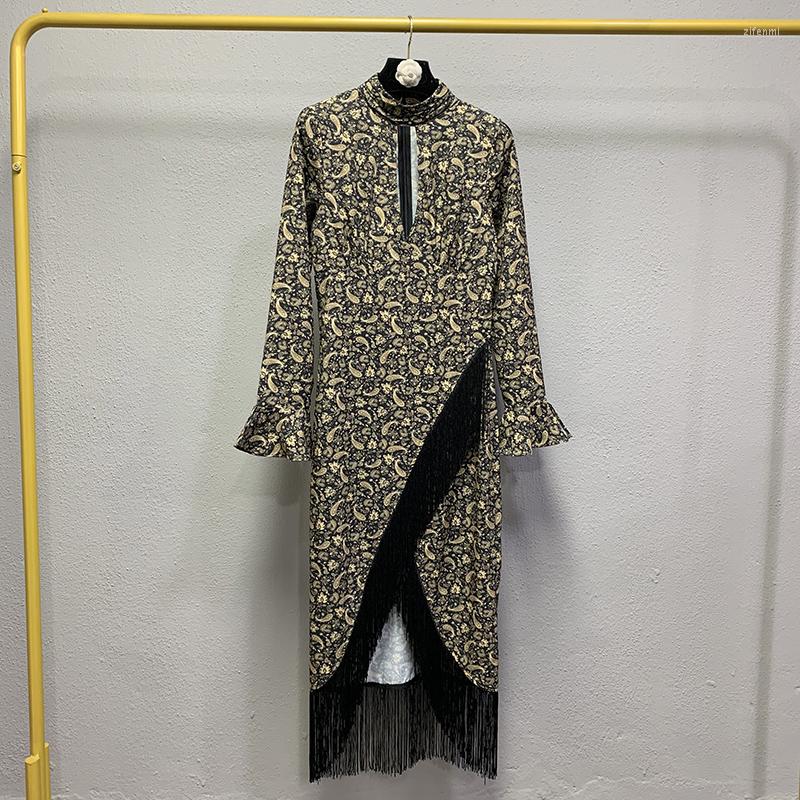 

Casual Dresses European Autumn Retro Floral Tassel Hollow Stand Collar Flare Sleeve Irregular Split Sexy Long Women Fashion Streetwear, Picture shown