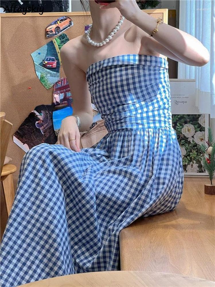 

Casual Dresses Strapless Dress Women Summer Leisure Vintage Sweet Holiday Plaid A-line Backless Chic Literary Beach Style Classic Trendy, Black plaid