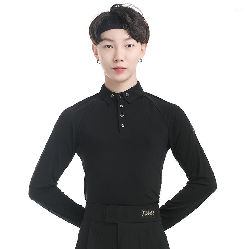 

Stage Wear Latin Dance Costumes Men Adult Long Sleeve Black/White Practice Shirt Modern National Standard Tops Waltz Clothes VO360