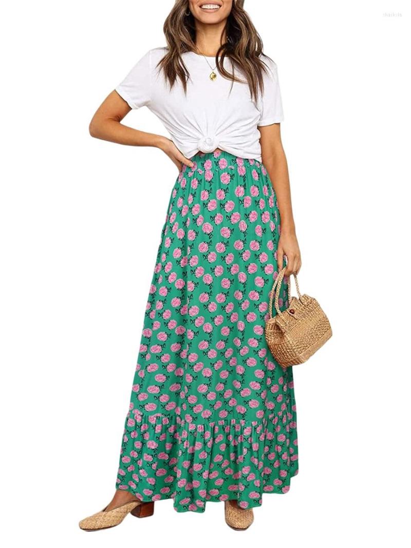 

Skirts Women Summer Bohemian Skirt Ruffled Hem Geometric Print Elastic High Waist A-Line For Beaches Club Streetwear, Blue