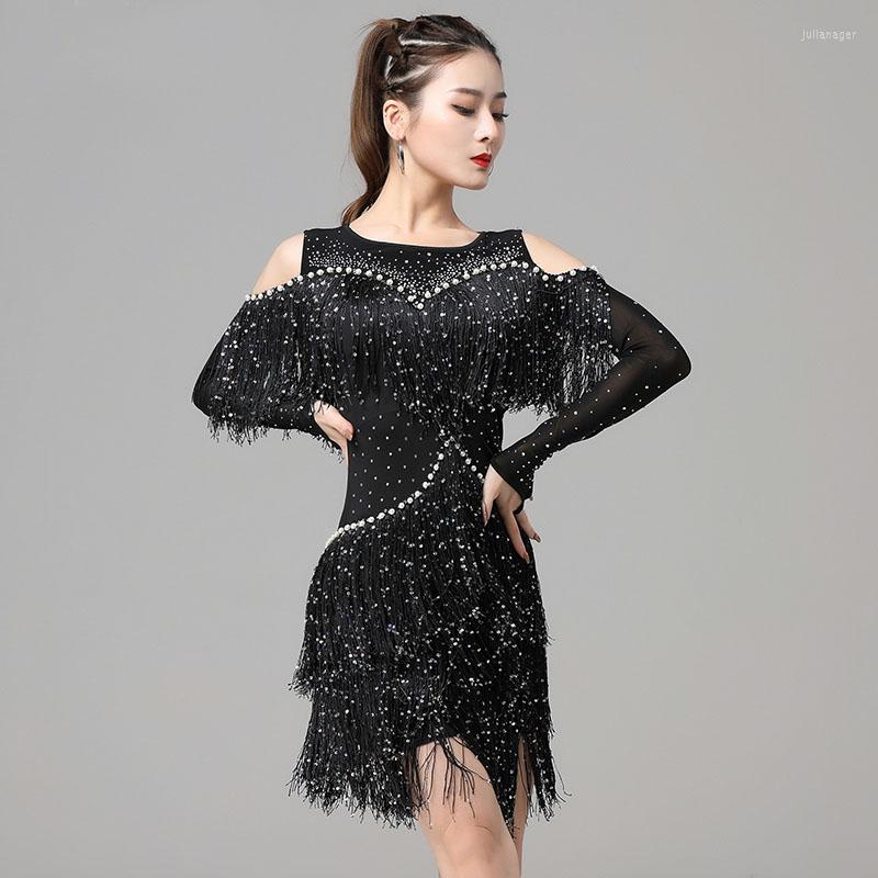 

Stage Wear Latin Dance Dress Adult Sexy Long Sleeve Competition Ballroom Swing Salsa Rumba Smooth, Black