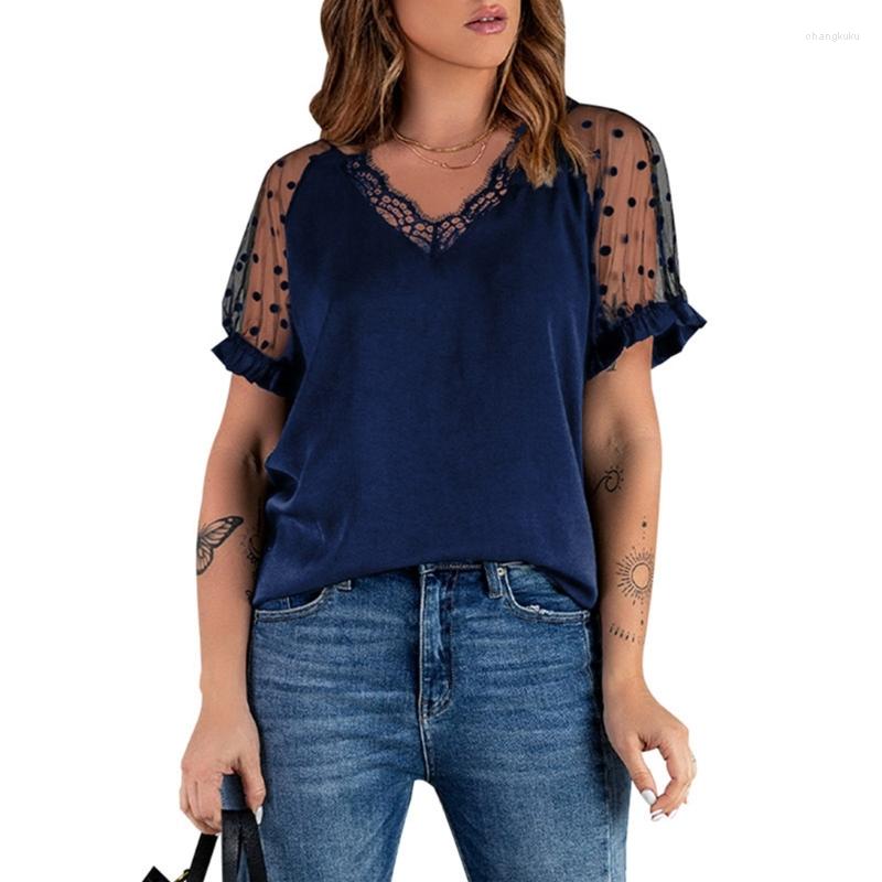 

Women's T Shirts Women Summer Ruffle Puff Short Sleeve Lace Trim V-Neck Blouses Polka Dot Contrast Mesh Solid Color Tunic Tops T-Shirts, Black