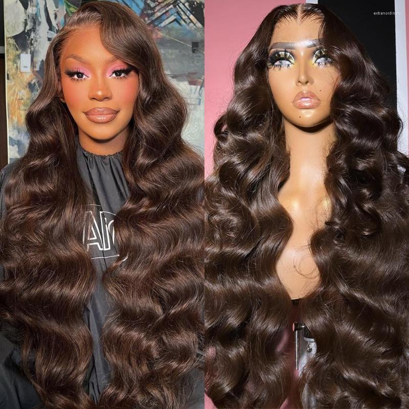 

Glueless Preplucked Colored Human Hair Wigs Ready To Wear Transparent Chocolate Brown Body Wave Lace Closure Wig For Women, Picture shown