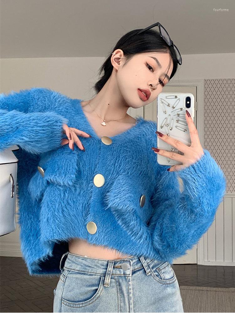 

Women's Knits Korean V-neck Long Sleeve Knitted Cardigan Women Autumn Spring 2023 Elegant Causal Short Sweater Coat Knitwear Tops, Blue