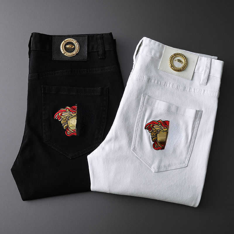 

Fashion mens jeans medusa embroidered trousers designer casual straight pants slim fit hip hop white washed jeans black pants size 28-38, Medusa-3