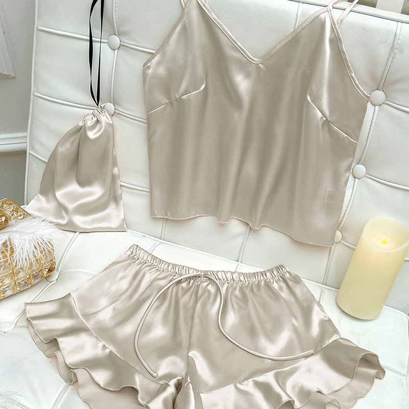 

Women's Sleepwear Fashion Sexy Sling Tops with Shorts Threepiece Set Ladies Casual Pajamas Homewear Suits 230508