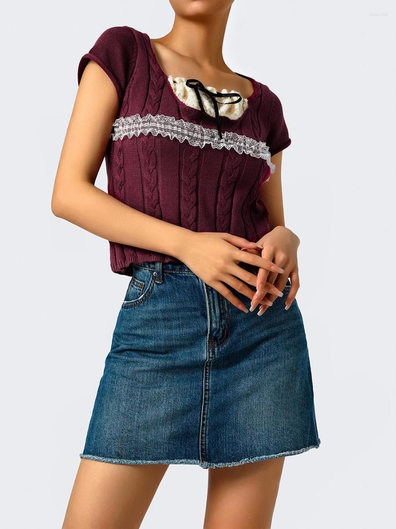 

Women' T Shirts Casual Women Sweater Fake Two Piece Short Sleeve Low Cut Square Neck Lace Embroidery Tops For Summer  M L, Claret