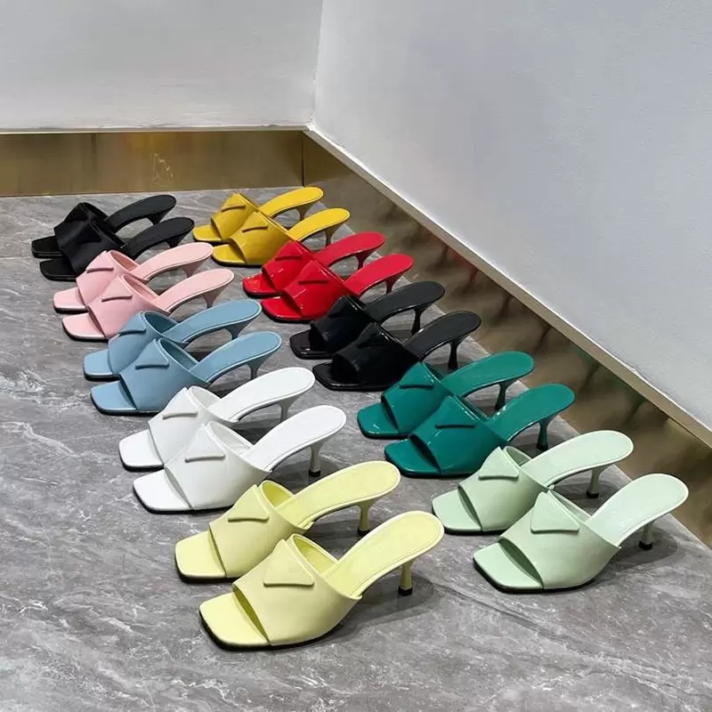 

Women Summer Slipper Inverted Triangle Logo Sandal Luxury Pumps High Heels Mule Mitten Block Heel Slides Party Dress Shoes P Flip Flops Patent Leather Square Toe Pump, Pda42519