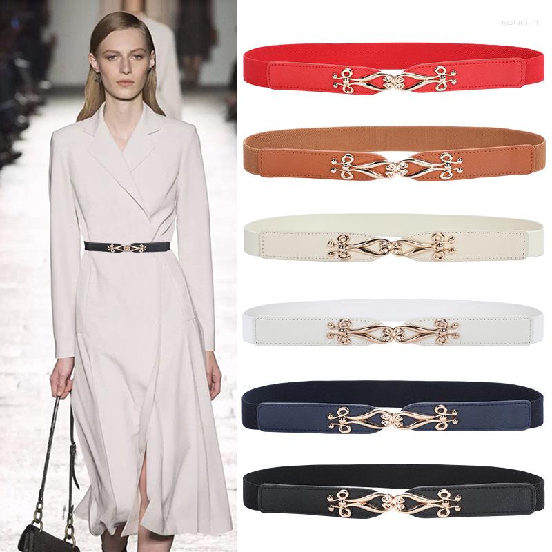 

Belts Gold Buckle Thin For Women Elastic Wiastband PU Leather Ladies Skinny Dress Decoration Waist Belt, Beige