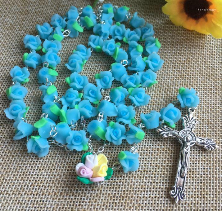

Chains Free Ship 1pcs/set Catholic Rosary Necklace Soft Cerami Beads Rose Religious Clay Bead
