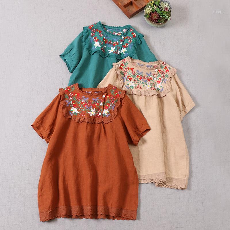 

Women's Blouses & Shirts Summer Mori Embroidered Shirt Loose Short Sleeve Pullover Linen Top Women Casual Wear, Khaki