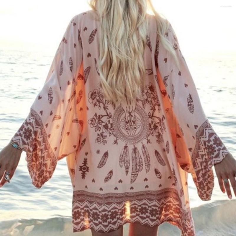 

Women's Swimwear Bikini Cover-ups For Beachwear Pink Floral Print Sashes Bohemian Kimono Swimsuit Batwing Sleeves Boho Robe, Picture shown