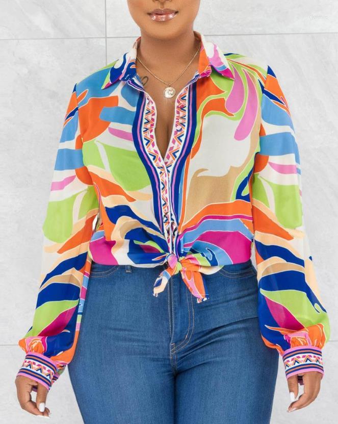 

Women' Blouses Elegant Casual Women Top With Fashionable Temperament And Commuting V-Neck Abstract Print Lantern Sleeve Button Down Shirt
